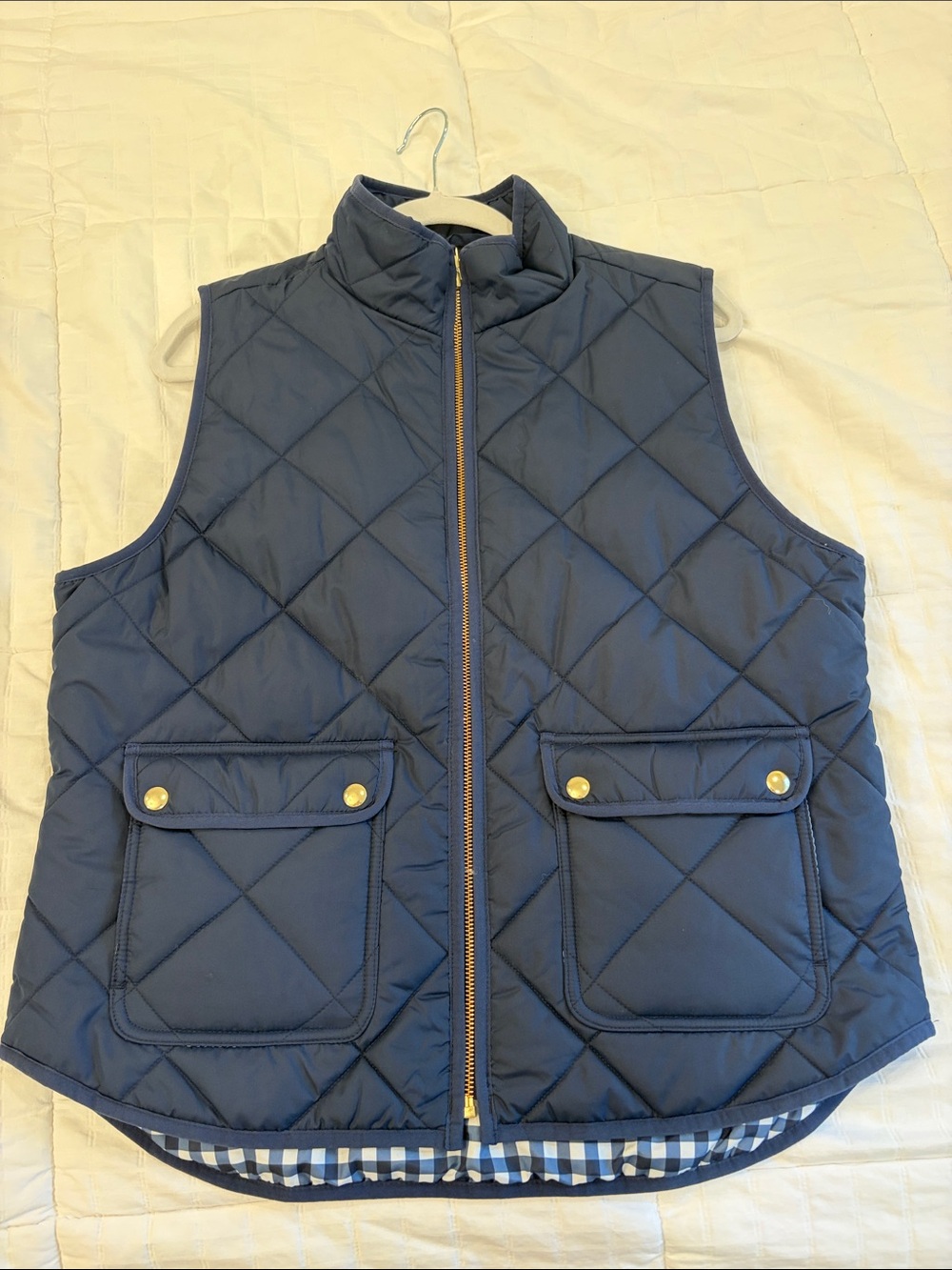 J. Crew Quilted Navy Blue Vest with Gold-Tone Zipper